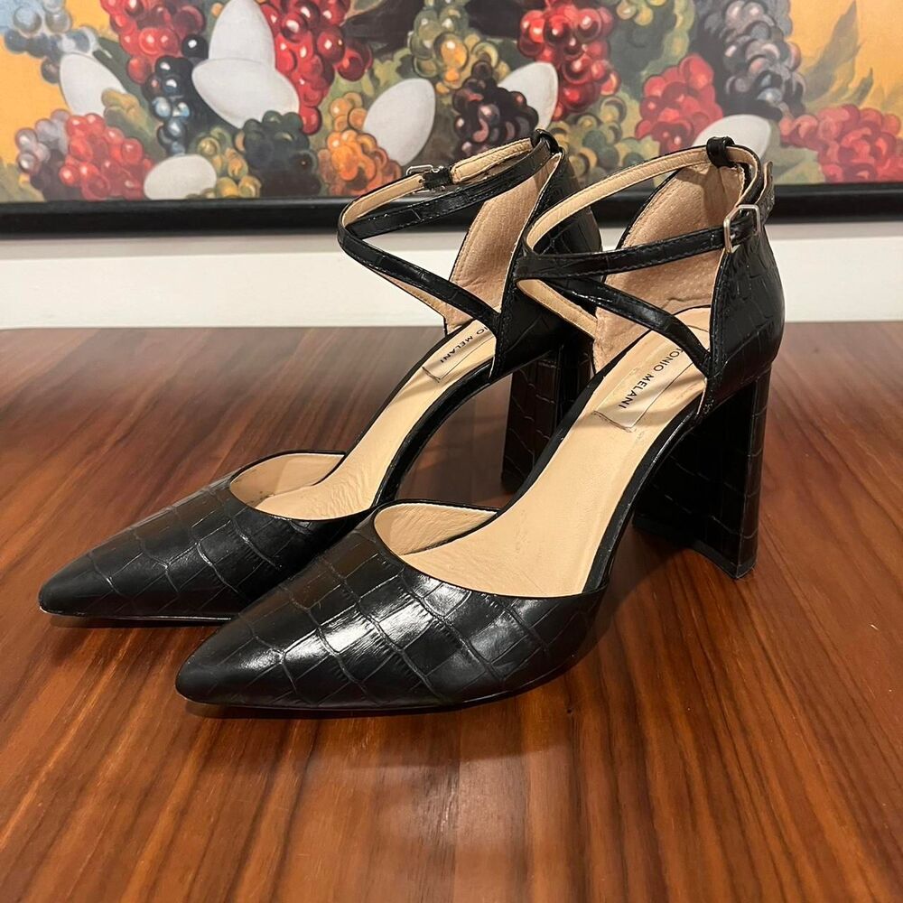 Antonio Melani italian leather black croc pointed toe stappy block heels